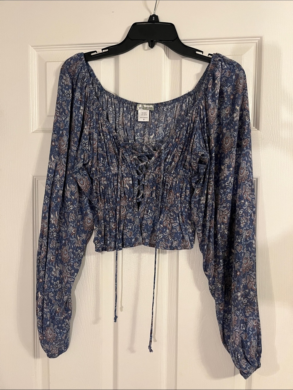 Wilfred Blue Paisley Lace-Up Cropped Peasant Top